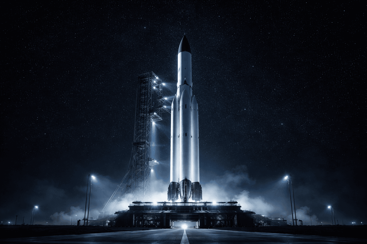 A polished rocket on a launch platform against a dark starfield, premium aerospace photography.