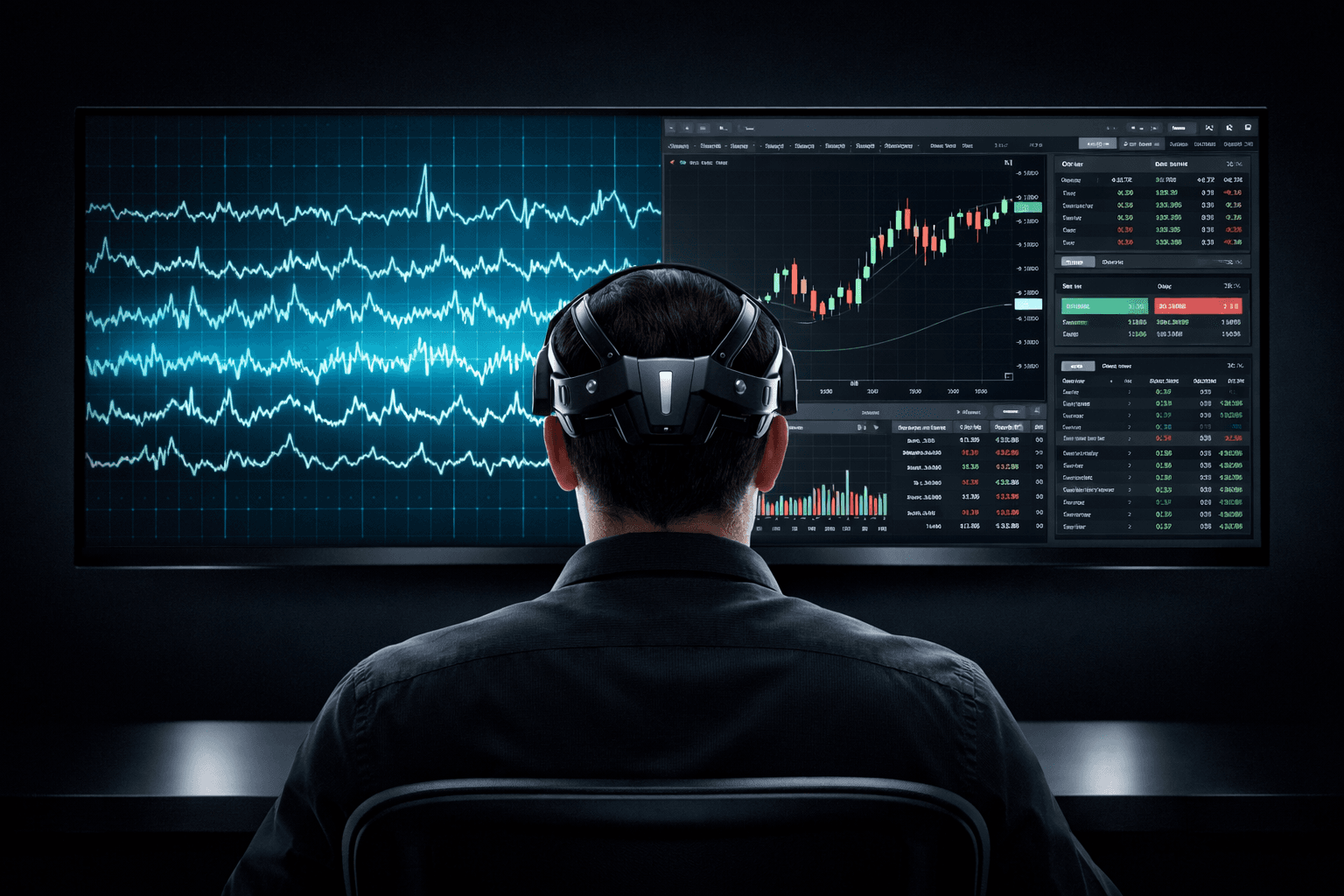 A person seated back to camera wearing a high-tech neural headset, a large screen in front showing merged EEG waveforms and a live trading terminal.