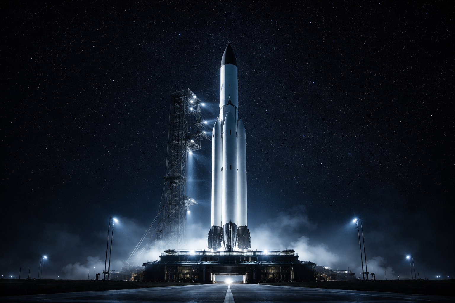 A polished rocket on a launch platform against a dark starfield, premium aerospace photography.