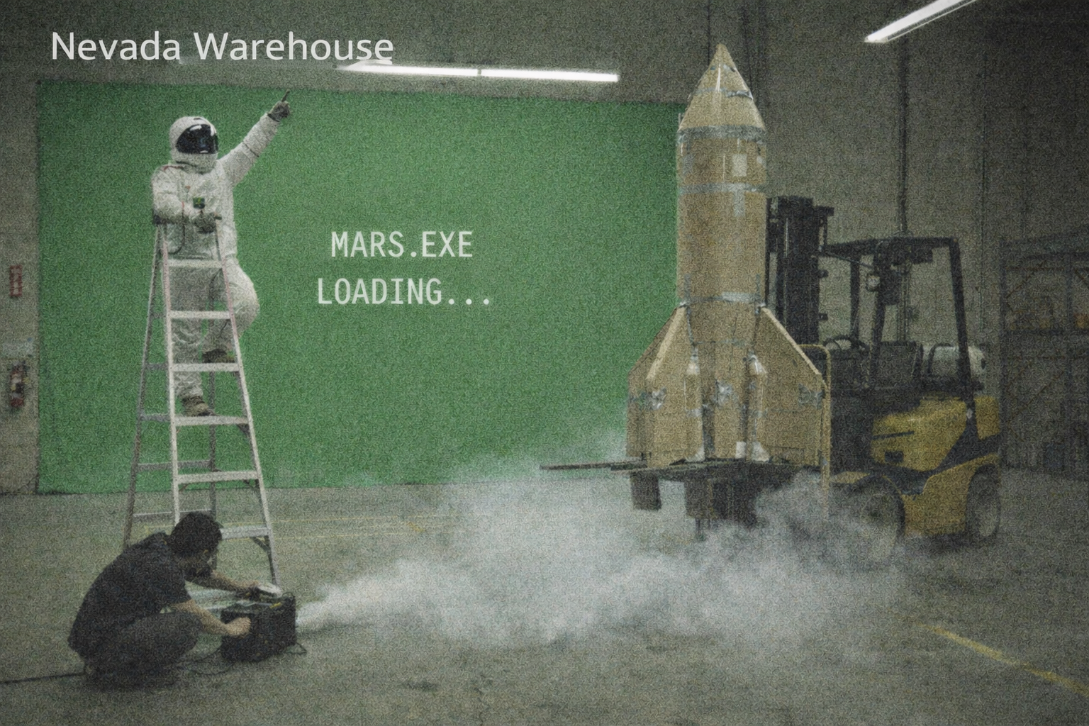 A warehouse security feed showing AutoCEO on a ladder, a green screen, a forklift-held cardboard rocket, and an intern with a fog machine.