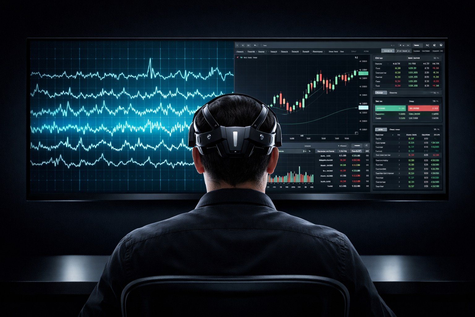 A person seated back to camera wearing a high-tech neural headset, a large screen in front showing merged EEG waveforms and a live trading terminal.