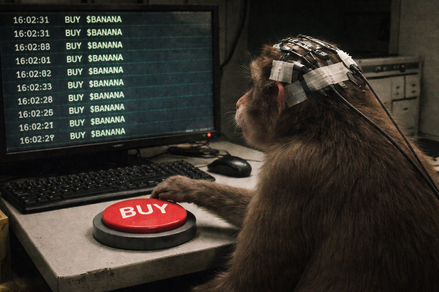 An internal camera feed showing a realistic monkey in a taped Bluetooth headset at a workstation, pressing a giant red BUY button while a trade terminal shows 40+ rows of BUY $BANANA log entries.